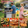 4-Burner Propane Gas Grill with Brush, Seizeen 40,000BTU Outdoor BBQ Grill, Stainless Steel Camping Stove with Foldable table, Hanging Basket, Support Legs