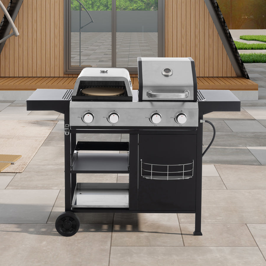 Multi-function Grill for Outside, Seizeen 4-Burner Propane Gas Grill Pizza Oven Frying, Griddle Grill Combo with Lid, Side Table, 2-tier Shelf