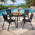 Clearance Outdoor Patio Dining Set for 4, Outdoor Furniture Plastic Table and Chairs, 5-piece Patio Set w/Square Table and Stackable Armchairs, Wood Grain Top, Heavy-duty Steel Frame, Black