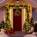 3pcs Pre-lit Christmas Decoration Set, 2 Packs 4''Christmas Entrance Trees and 9' Garland, Green Artificial Xmas Decorative Set for Door Fireplace W/Warm Lights