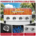 Upgraded Gas Grill W/Brush, 4-Burner Propane Grill Outdoor Barbecue w/Foldable Table & Hanging Basket, Portable Grill on Wheels, 36,000 BTU