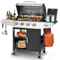 Multifunctional Gas Grill w/Side Burner, Stainless Steel 50,000BTU 4-Burner Propane Grill, Outdoor Patio Camping BBQ Grill w/Storage Cabinet, Steel Brush, Multi-zone Cooking