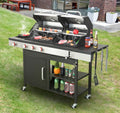 3-IN-1 Gas Grill Combo, Charcoal Grill Smoker Adjustable Height, 3-Burner Propane Gas BBQ Grill with Side Burner, Cast Iron Grid, 2-side Gribble, Storage Shelf, Adjustable Vent, Multifunctional Outdo