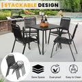 Clearance Outdoor Patio Dining Set for 4, Outdoor Furniture Plastic Table and Chairs, 5-piece Patio Set w/Square Table and Stackable Armchairs, Wood Grain Top, Heavy-duty Steel Frame, Black
