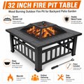 32'' Wood Burning Fire Pit, Outdoor Metal Fire Pit Table with Mesh Screen Lid & Poker, Stone Pattern Patio Fireplace for Backyard, Garden, BBQ, Heating, Square