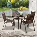 Patio Furniture Set, 5-piece Outdoor Dining Set Wood Grain Top, Plastic Patio Table and Chairs for Deck Yard Balcony Porch, All-weather Steel Frame, 4-person Dining Set for Indoor Outdoor, Brown