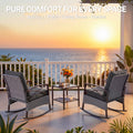 Patio Outdoor Furniture Set, 3PCS Rattan Wicker Rocking Chair Set Balcony Furniture, Steel Frame Patio Chairs with 2-Tier Coffee Table, Thick Seat Cushions and Pillows