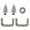 Pre-Lit Christmas Tree Decorations Set, 4 Pcs Indoor Outdoor Christmas Decorations W/ 2 Lighted Christmas Trees Wreath Garland, Artificial Christmas Xmas Decorations with 10 Light Modes, Dark Green