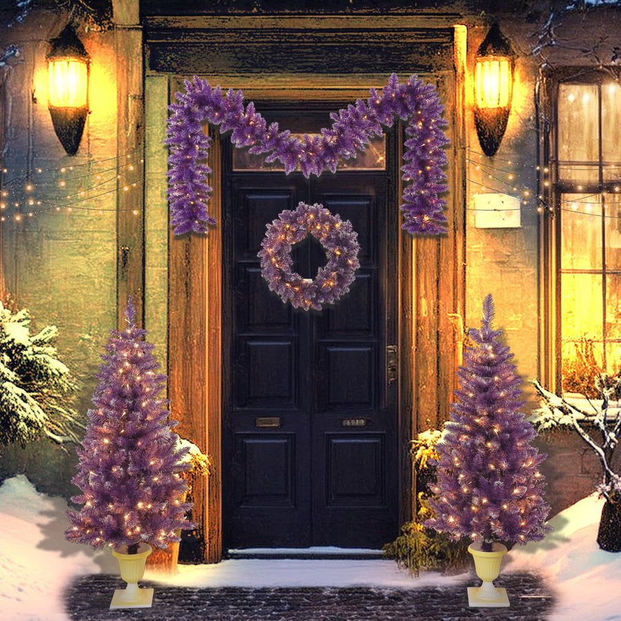 Seizeen Lighted Christmas Trees Set, 2 Packs 4' Pre-Lit Christmas Trees 1.6' Wreath and 8.8' Garland, Indoor Outdoor Artificial Xmas Tree for Gate Fireplace Decor, 4 Pcs, Purple