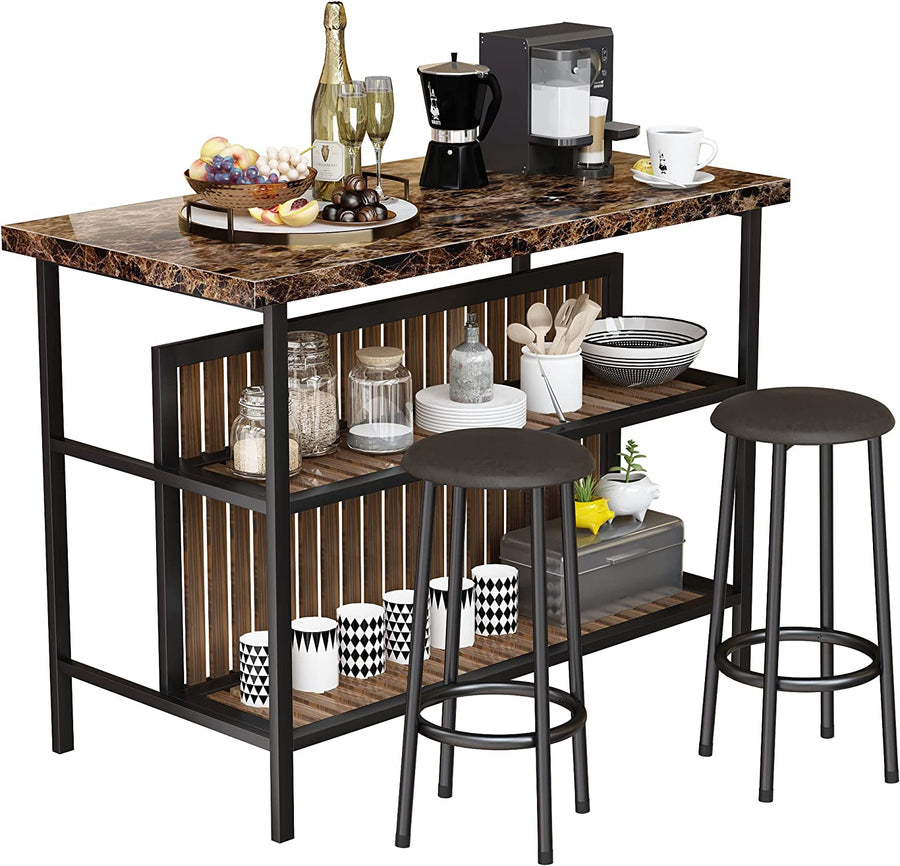 3 Piece Kitchen Island Set, Counter Height Bar Table Set with Wood Top, Breakfast Dining Table Set with 2 Stools and 2-Tier Shelves, Pub Dinette Set for Small Spaces, Brown, L0329
