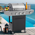 Seizeen Propane Gas Grill, 3 Burners BBQ Grill with Side Burner, Outdoor Camping Grill 430 Stainless Steel, 133950BTU, One-button Ignition System, Thermometer, 4 Wheels