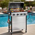 Upgraded Gas Grill W/Brush, 4-Burner Propane Grill Outdoor Barbecue w/Foldable Table & Hanging Basket, Portable Grill on Wheels, 36,000 BTU