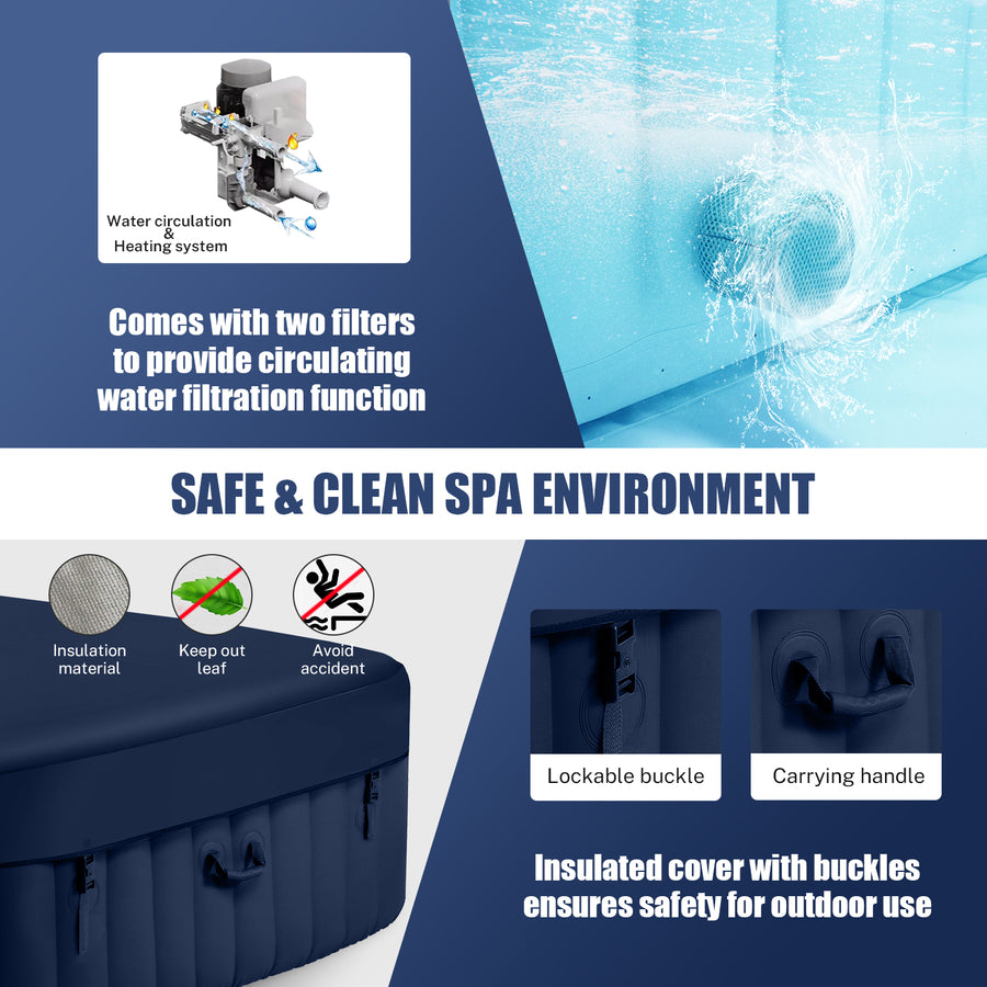 Seizeen Inflatable Hot Tub, 4-6 Person Hot Tub Set, 73'' Square Portable Home Spa w/130pcs Jet, Lockable Cover, Storage Bag, 2 Cup Holders, 4 Replacement Filter, 240gal