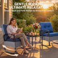 3 Pieces Patio Outdoor Conversation Set, Patio Furniture Bistro Set with 2-Tier Coffee Table, PE Wicker Rocking Chairs with Blue Cushions for for Backyard Porch Poolside