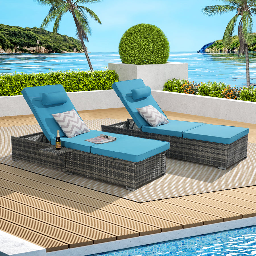 Outdoor Chaise Lounge Chairs Set of 2, PE Wicker Patio Rattan Reclining Chair Cushioned w/ Adjustable Backrest, Pool Sunbathing Recliners with Side Table, Pillow, Lake Blue