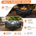 32'' Wood Burning Fire Pit, Outdoor Metal Fire Pit Table with Mesh Screen Lid & Poker, Stone Pattern Patio Fireplace for Backyard, Garden, BBQ, Heating, Square