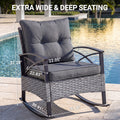 Patio Outdoor Furniture Set, 3PCS Rattan Wicker Rocking Chair Set Balcony Furniture, Steel Frame Patio Chairs with 2-Tier Coffee Table, Thick Seat Cushions and Pillows