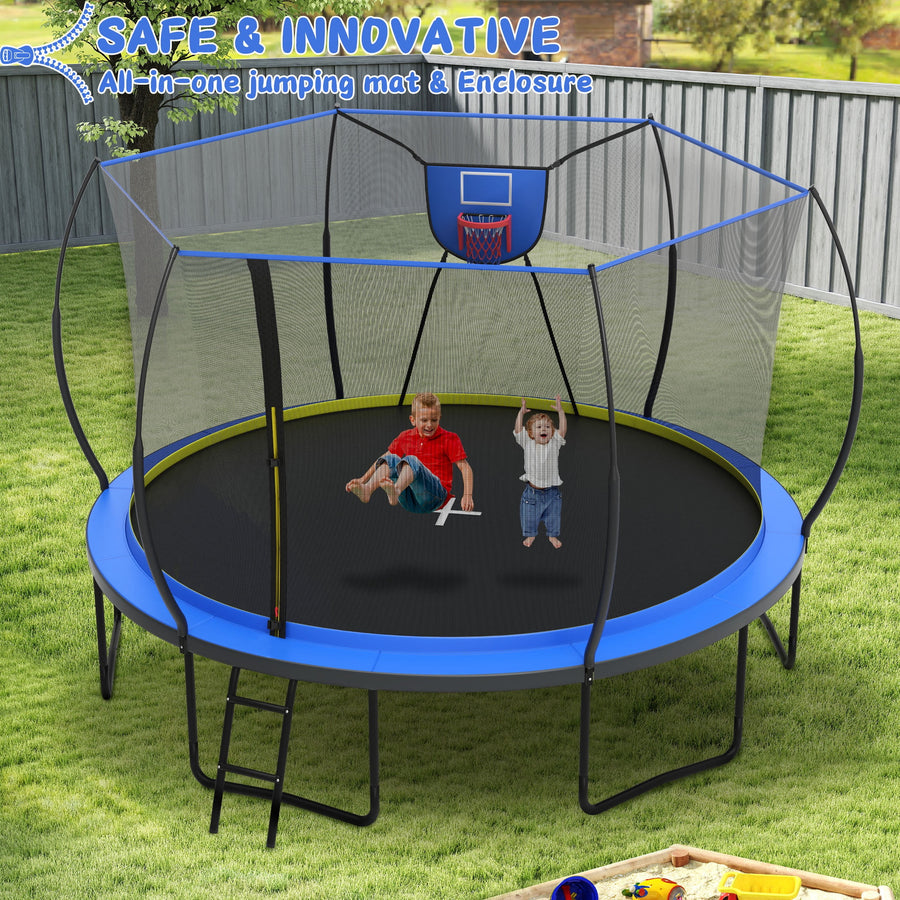 14FT Trampoline for Kids, Seizeen Upgraded Curved Trampoline w/Enclosure Net, 1500 LBS Round Trampoline for Aldult, Fabric Hoop, Seamless Jumping Mat, Ladder