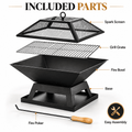 Portable Fire Pit for Outside, Seizeen Wood Burning Fire Pits 19'' Small Size, Square Firepit with Screen Cover, Fire Bowls with Ash Tray, Poker