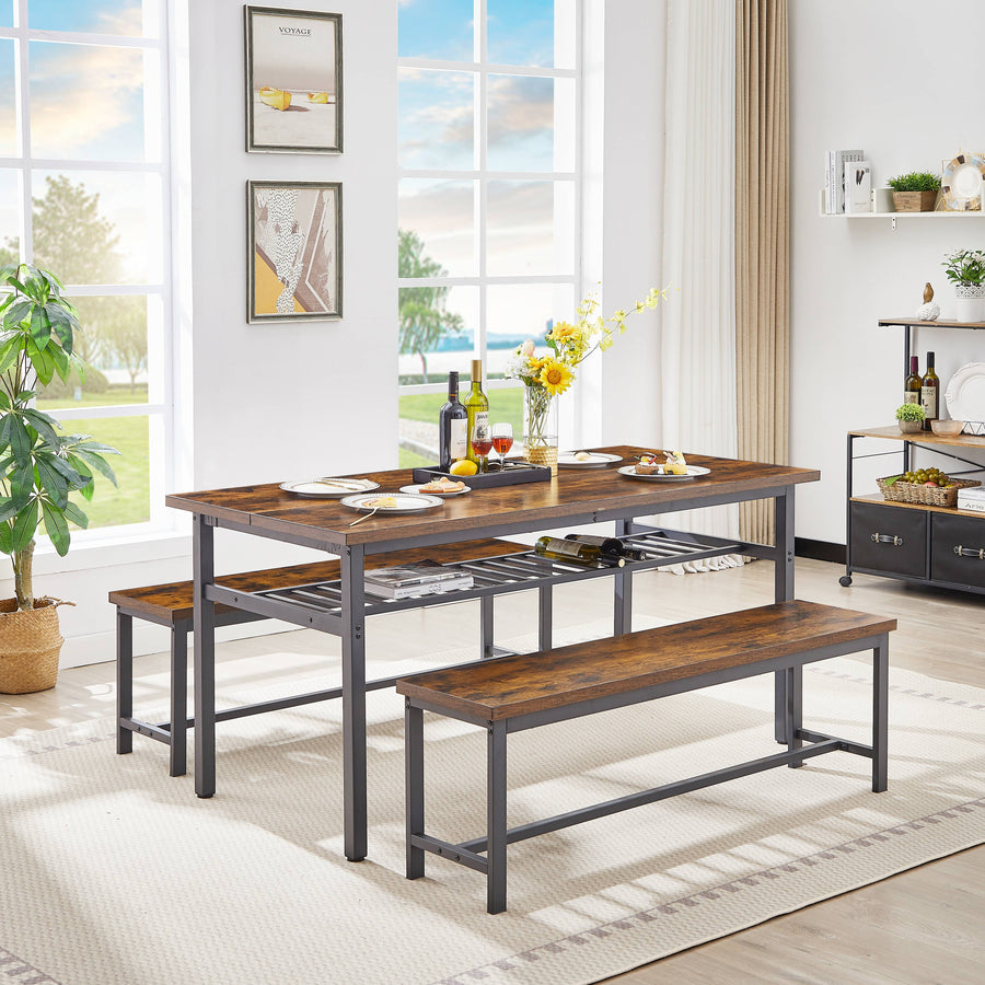 Seizeen Oversized Dining Table Set for 6, 3-Piece Kitchen Table Set with 2 Benches and Wine Rack, Space Saving Dinette Set, Dining Room Table Set for Home Kitchen, Restaurant, Rustic Brown