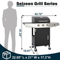 BBQ Grill, Seizeen Gas Grill with Side Burner, 40,000BTU 3-Burner Propane Grill w/Storage Cabinet, Steel Brush, Stainless Steel Camping for Backyard Patio, Portable Design on Wheels
