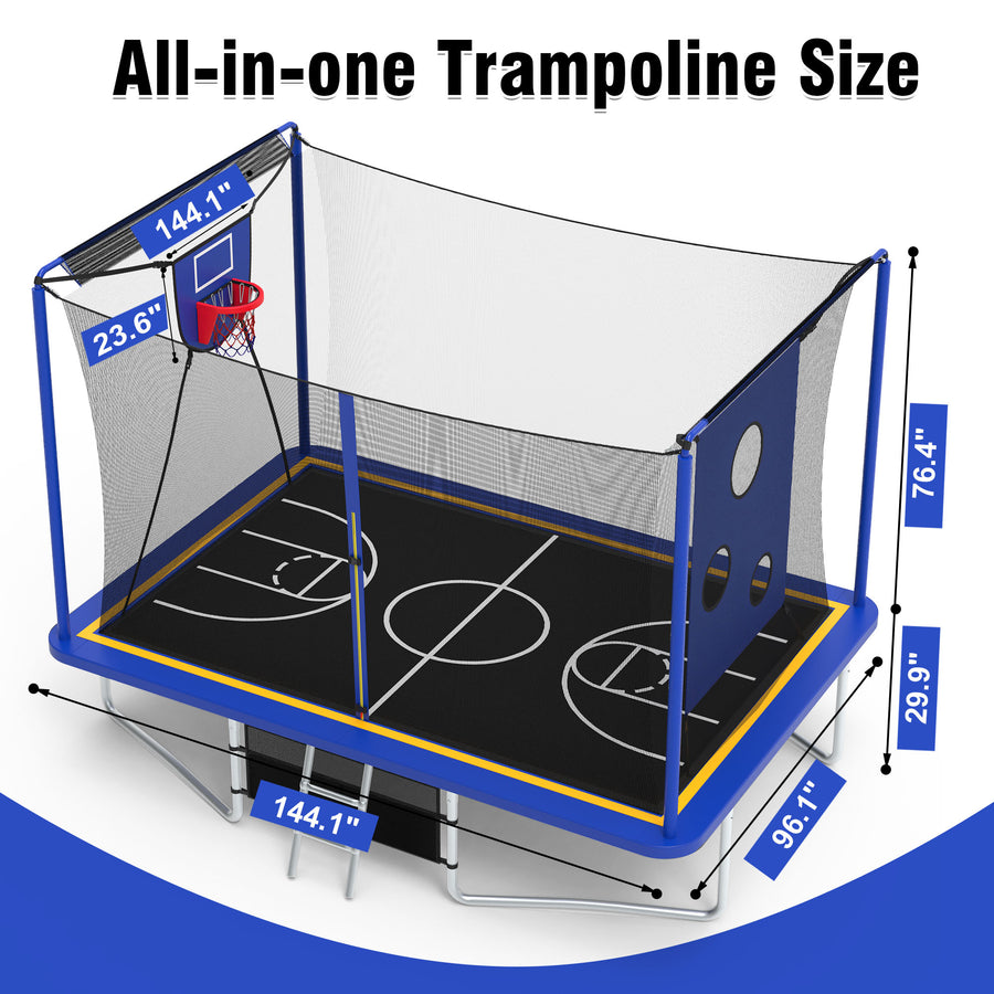 Seizeen Rectangle Trampoline with Enclosure Net, 8x12FT Extra Large Kids Adult Trampoline Heavy-Duty Supports, Upgraded 3-IN-1 Trampoline W/Soccer Target, Basketball Hoop
