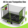 8x12FT Outdoor Trampoline for Kids, 3-IN-1 Rectangle Trampoline with Basketball Hoop, Soccer Target, Adults Trampoline Max Weight 2200LBS, Shoe Bag, Basketball, Soccer