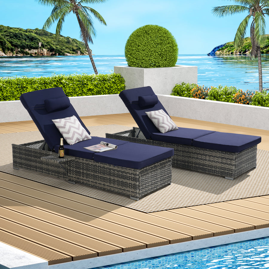 Outdoor Chaise Lounge, PE Rattan Lounge Chair Set of 2, Pool Recliner Cushioned for Patio Beach, w/Pillow, Side Table, Adjustable Backrest, Navy