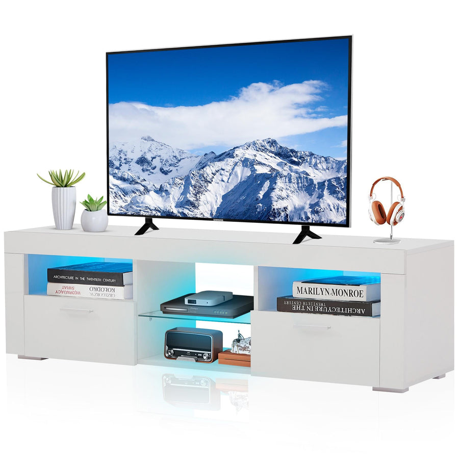 TV Stand for 55'' TV, TV Stand Cabinet with Storage & 16-Color LED Lights, High Glossy White Entertainment Center for Living Room Bedroom