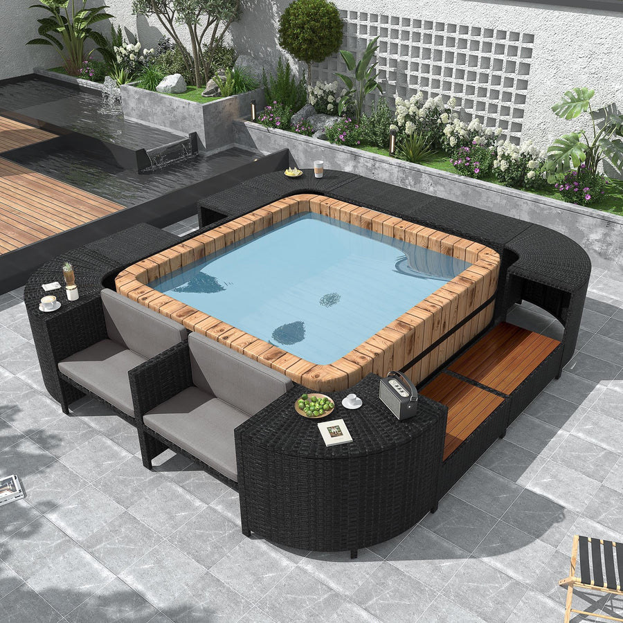 Seizeen All-weather Outdoor Spa Surround Furniture Set, Steel, and Rattan, Gray,131.18 lb