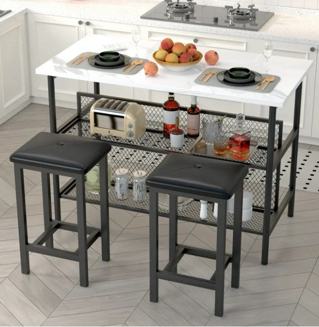 3 Piece Kitchen Island Set, Counter Height Bar Table Set with Faux Marble Top, Breakfast Dining Table Set with 2 Stools and 2-Tier Shelves, Pub Dinette Set for Small Spaces, White, L0325