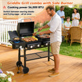 Multifunctional Gas Grill Combo, Outdoor Charcoal Grill Smoker Adjustable Height, 3-Burner Propane Gas BBQ Grill with Side Burner, Cast Iron Grid, 2-side Gribble, Storage Shelf, Adjustable Vent,