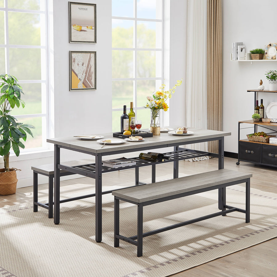 Seizeen Oversized Dining Table Set for 6, 3-Piece Kitchen Table Set with 2 Benches and Wine Rack, Space Saving Dinette Set, Dining Room Table Set for Home Kitchen, Restaurant, Rustic Brown