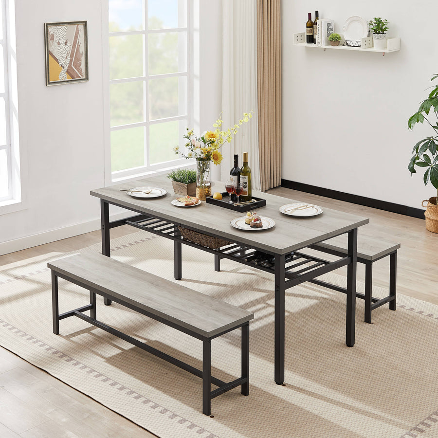 Seizeen Oversized Dining Table Set for 6, 3-Piece Kitchen Table Set with 2 Benches and Wine Rack, Space Saving Dinette Set, Dining Room Table Set for Home Kitchen, Restaurant, Rustic Brown