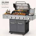 Seizeen 56,000 BTU Outdoor BBQ Grill, 4-Burner Propane Gas Grill with Side Burner w/ Lid Viewing Window, Multifunctional Grill w/Cast Iron Grate, Built-in Thermometer, Warming Rack for Patio Backyard