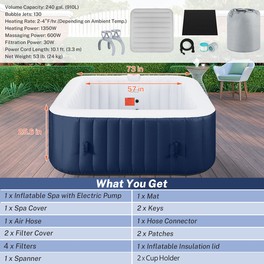 Seizeen Inflatable Hot Tub, 4-6 Person Hot Tub Set, 73'' Square Portable Home Spa w/130pcs Jet, Lockable Cover, Storage Bag, 2 Cup Holders, 4 Replacement Filter, 240gal