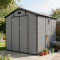 10x7.6ft Shed and Outdoor Storage, Garden Tool Resin Shed w/ Double Lockable Doors, All-Weather XXL Patio Storage Sloped Roof, Backyard Bike Shed with 2 Windows