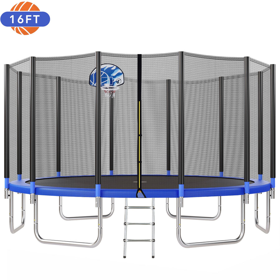 16FT Kids Trampoline with Hoop - Outdoor Trampoline W/Enclosure Net & Ladder, XXL Round Trampolines with Steel Support, Max Weight Capacity 1323LBS