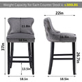 Seizeen Counter Height Bar Stools, Set of 2, Wing-back Velvet Dining Chairs with Soft Cushion, Solid Wood Legs, Button Tufted Decoration and Chrome Nailhead Trim, Gray