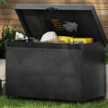 Deck Box Waterproof, 200Gal Rattan Storage Box for Outdoor Pool, PE Wicker Storage Bin Bench on Wheels, with Liner, Mesh Pocket, Gas Rod Lid, Lockable Cushions Storage, Black