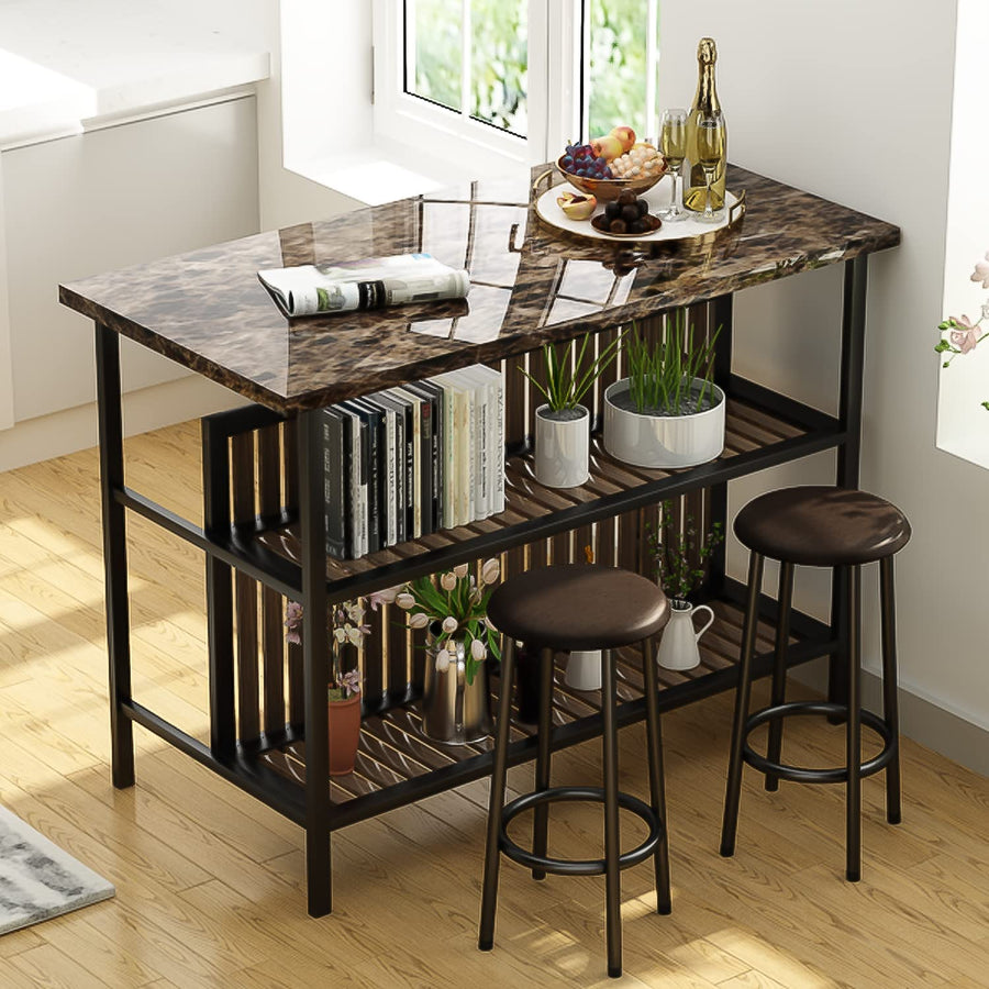3 Piece Kitchen Island Set, Counter Height Bar Table Set with Wood Top, Breakfast Dining Table Set with 2 Stools and 2-Tier Shelves, Pub Dinette Set for Small Spaces, Brown, L0329