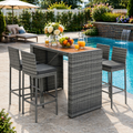 Outdoor Bar Dining Table Set, 5-Pcs Rattan Patio Bistro Sets, Counter Height Table & Cushioned Chairs with Backrest, Gray Wicker Patio Furniture Set for Backyard Porch Poolside