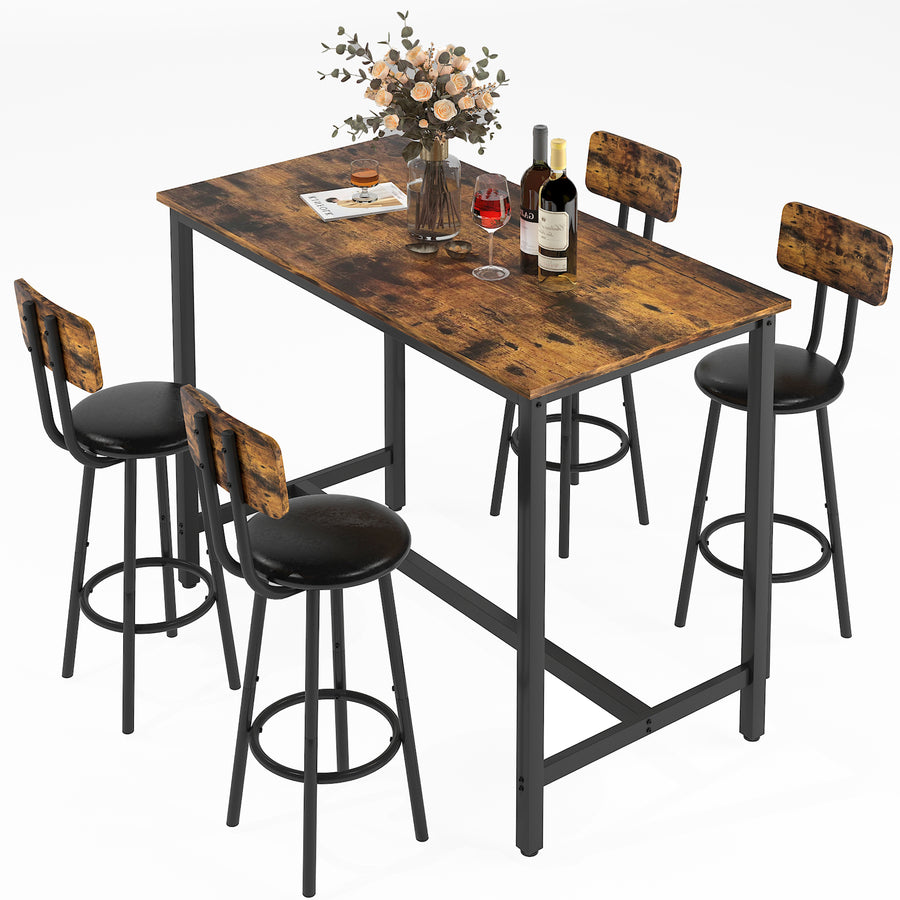 Seizeen Dining Table Set for 4, 5 Piece Counter Height Dining Set with Cushioned Chairs, Pub Table Set with Wood Top and Metal Frame, Kitchen Bar Table Set for Breakfast Nook, Gray