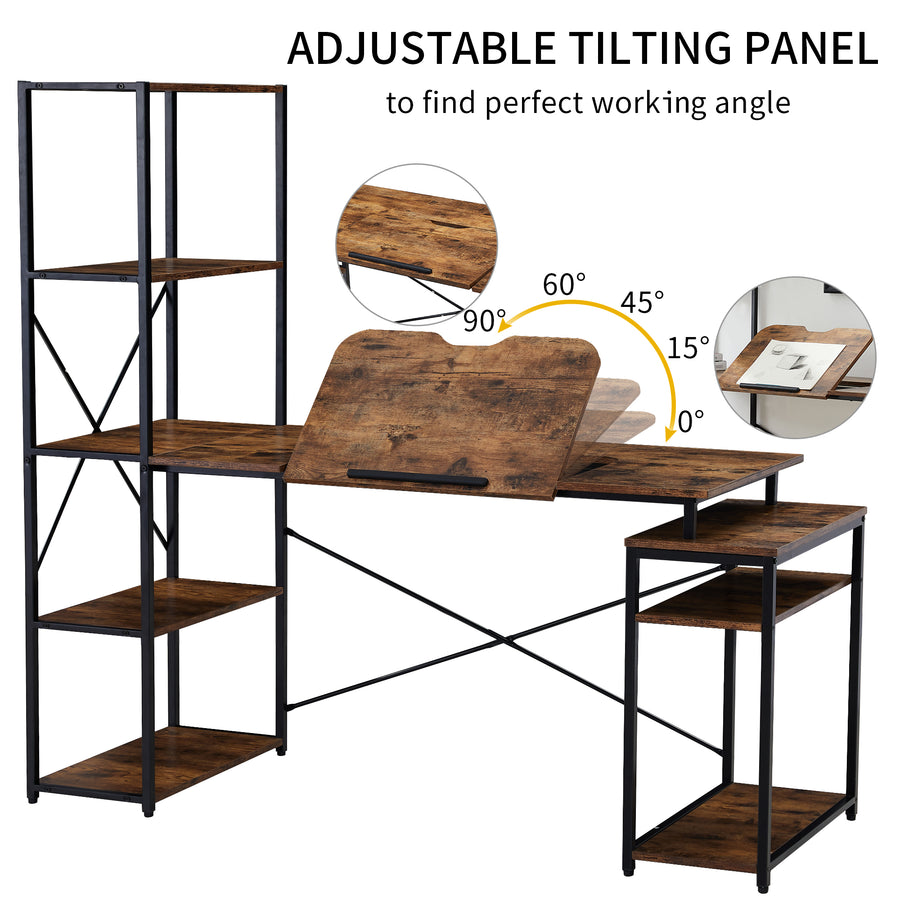 Home office Computer Desk with 5-Tier Bookshelf and 2 open Storage Shelf