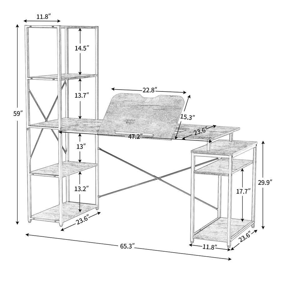 Home office Computer Desk with 5-Tier Bookshelf and 2 open Storage Shelf