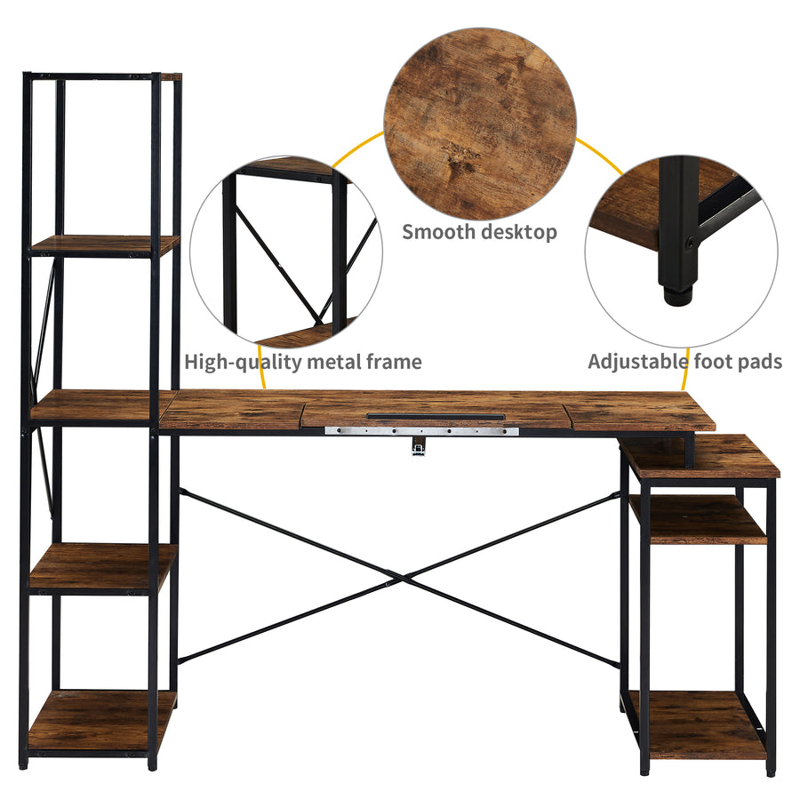 Home office Computer Desk with 5-Tier Bookshelf and 2 open Storage Shelf