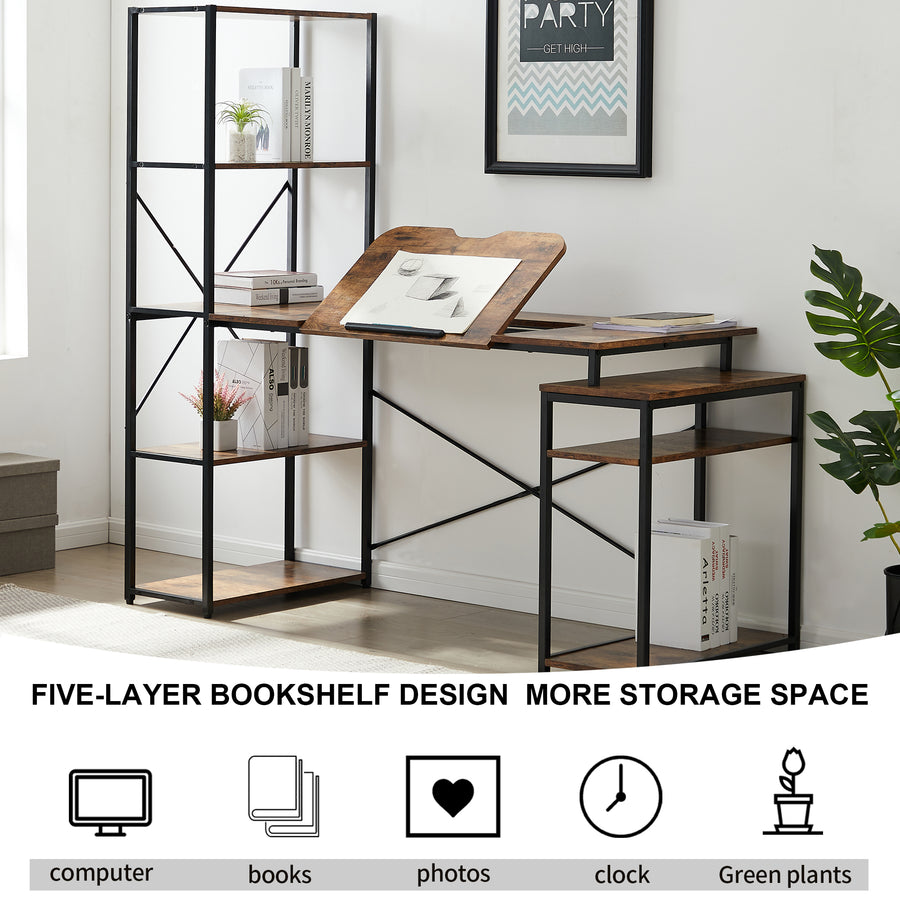 Home office Computer Desk with 5-Tier Bookshelf and 2 open Storage Shelf