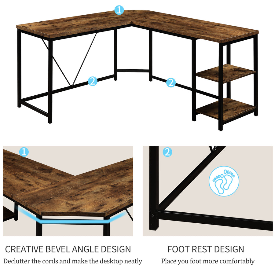 L-Shaped Computer Desk with 2-Tier Storage Shelves