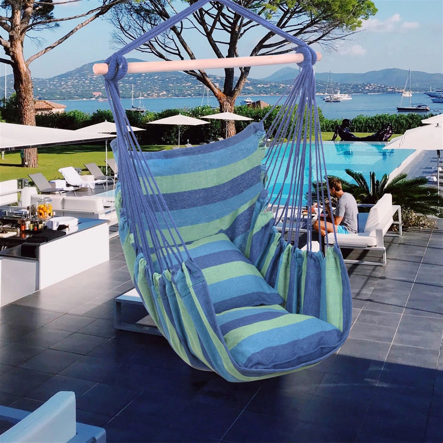 Hammock Chair Distinctive Cotton Canvas Hanging Rope Chair with Pillows Blue
