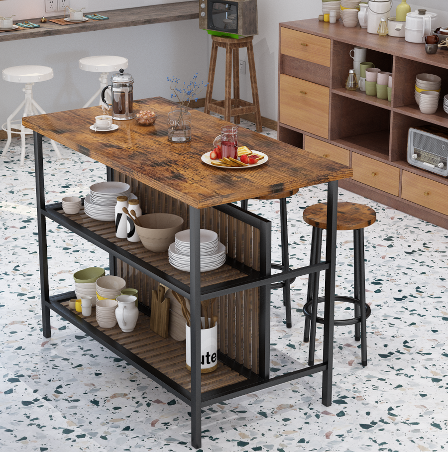 3 Piece Kitchen Island Set, Counter Height Bar Table Set with Wood Top, Breakfast Dining Table Set with 2 Stools and 2-Tier Shelves, Pub Dinette Set for Small Spaces, Brown, L0329